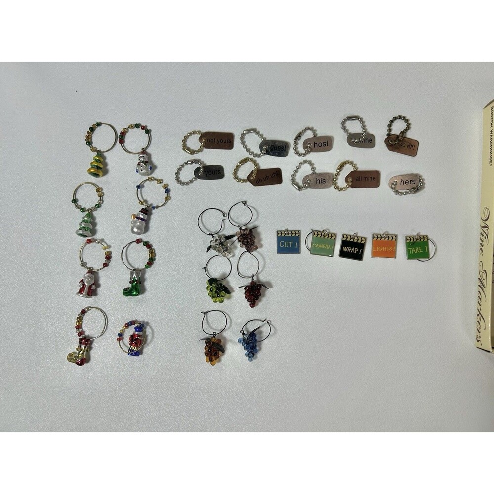 Vintage Lot OF 30+ Wine Glass Charms Markers Goblets Hollywood Christmas Grapes